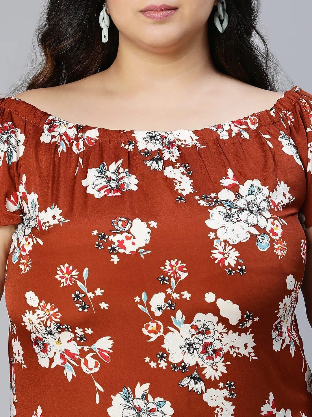 Smarten Brown Floral Print Women Plus Size Tunic - oxolloxo
