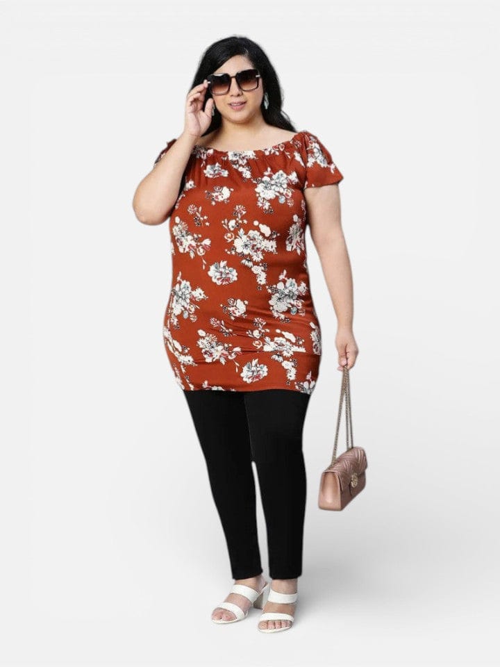 Plus Size Brown Floral Printed Polyester Tunic