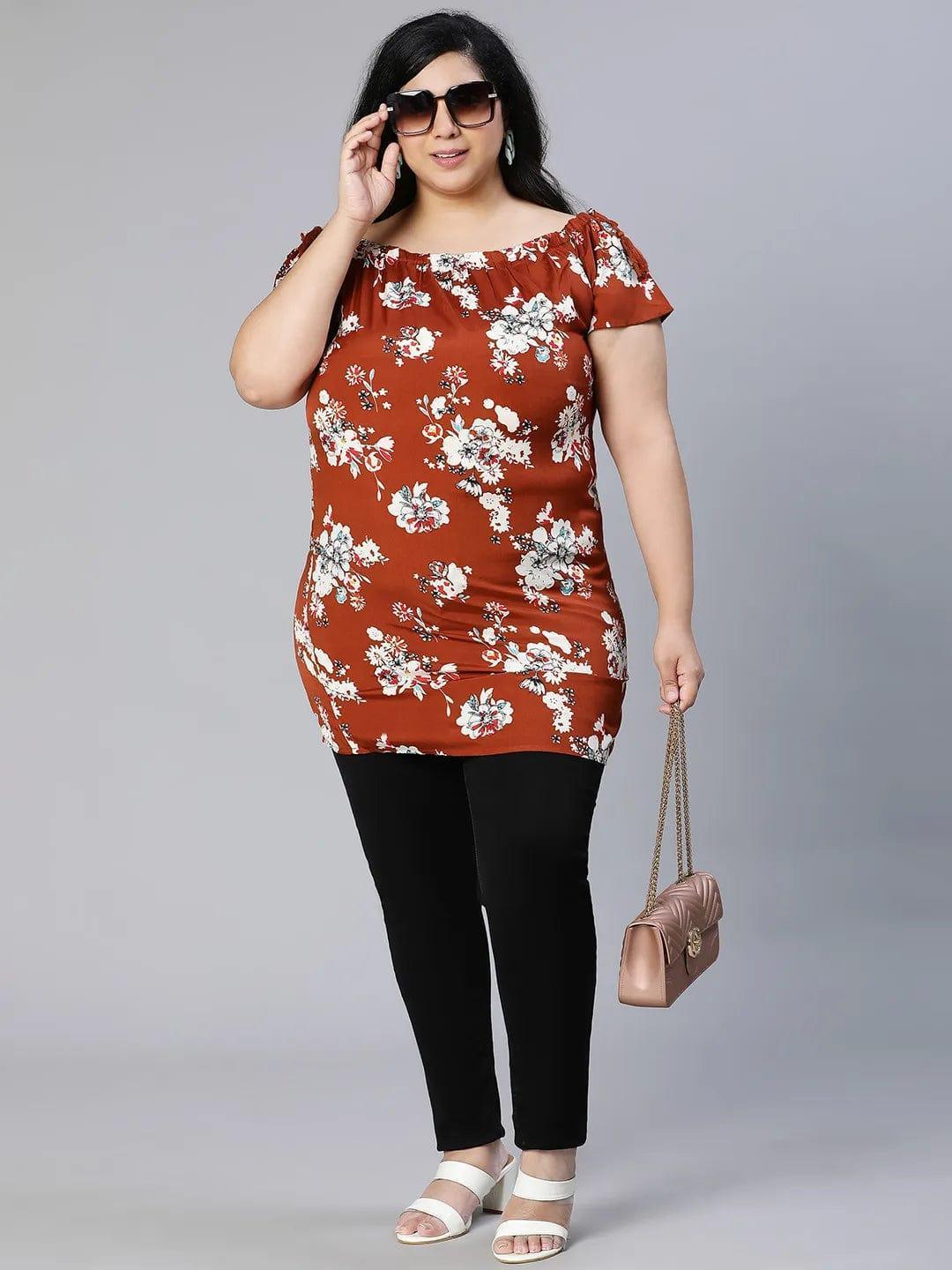 Smarten Brown Floral Print Women Plus Size Tunic - oxolloxo