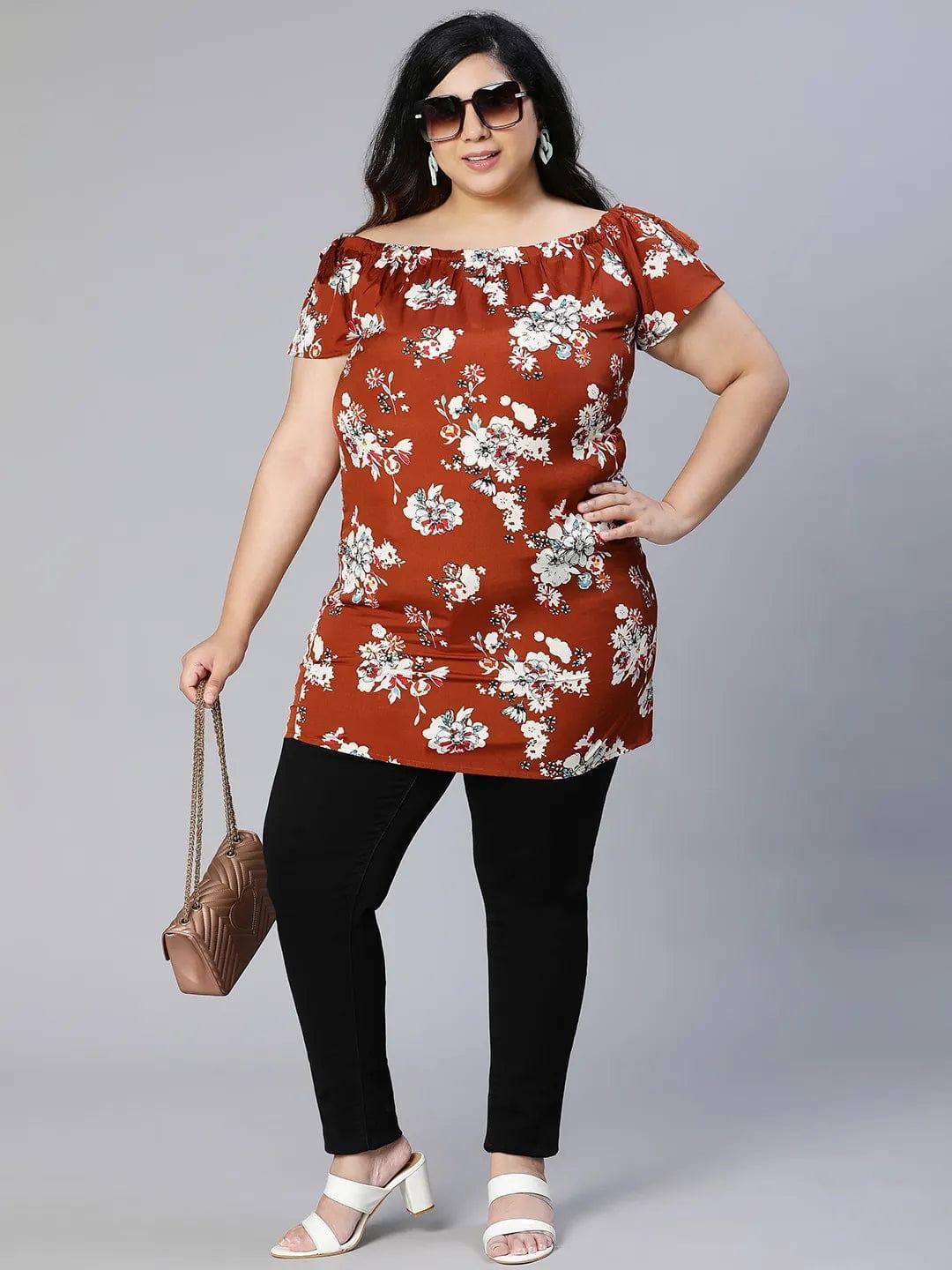 Smarten Brown Floral Print Women Plus Size Tunic - oxolloxo