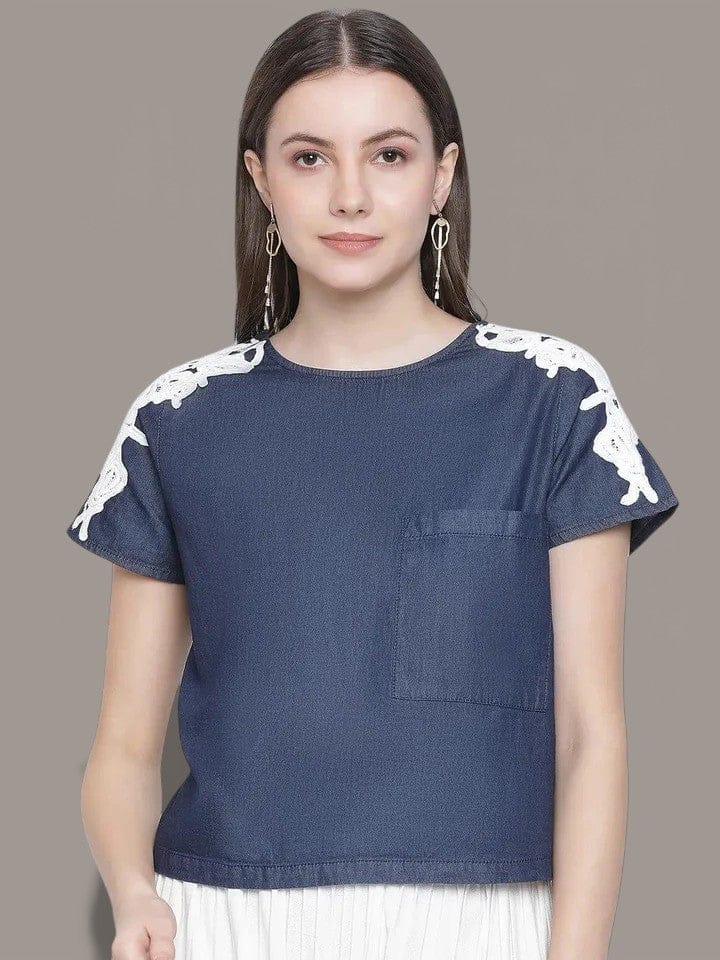 Women's Navy Blue Embroidery Crop Top