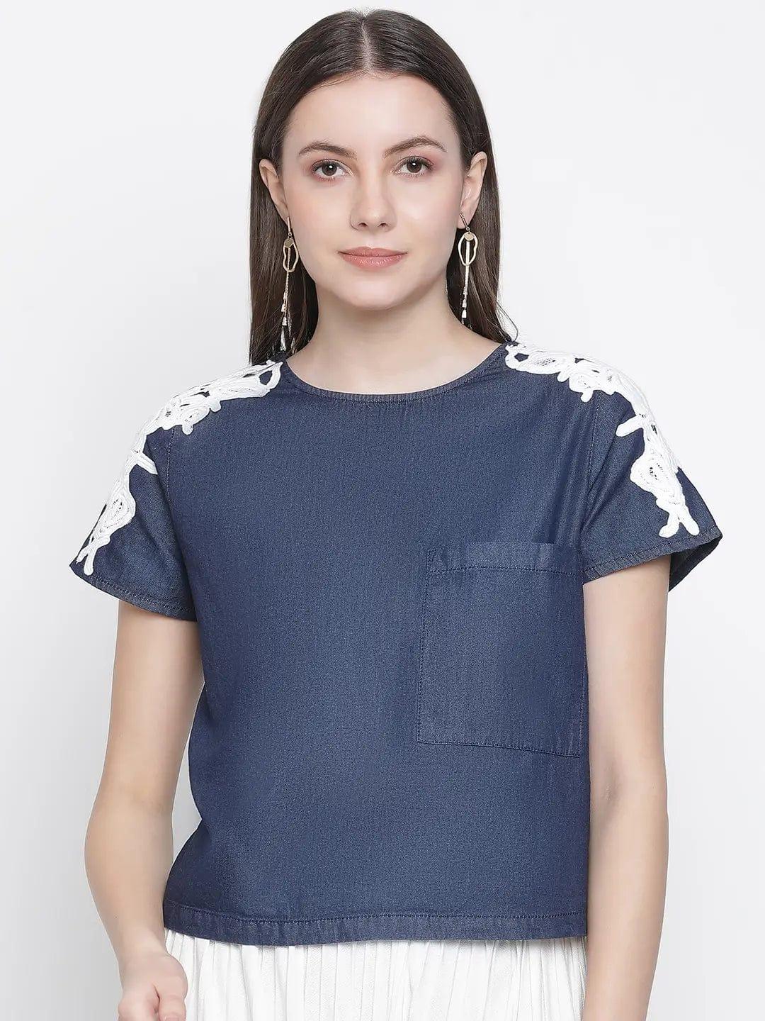 Navy Denim Crop Patch Lace Top - oxolloxo