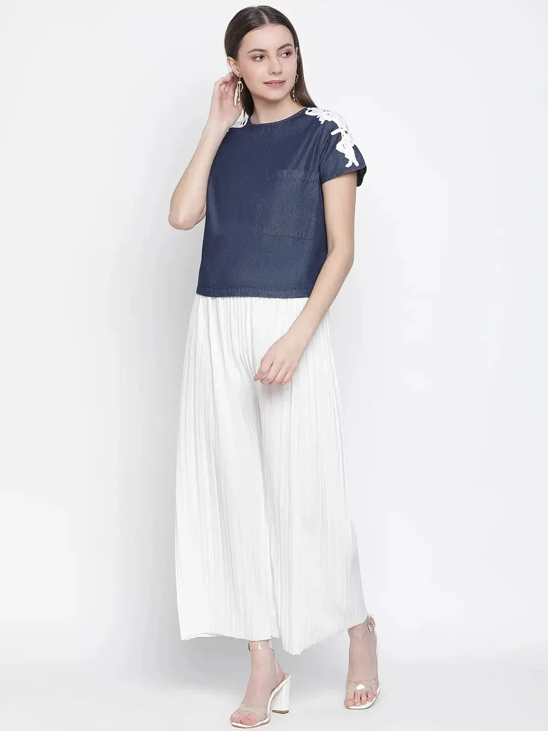 Navy Denim Crop Patch Lace Top - oxolloxo