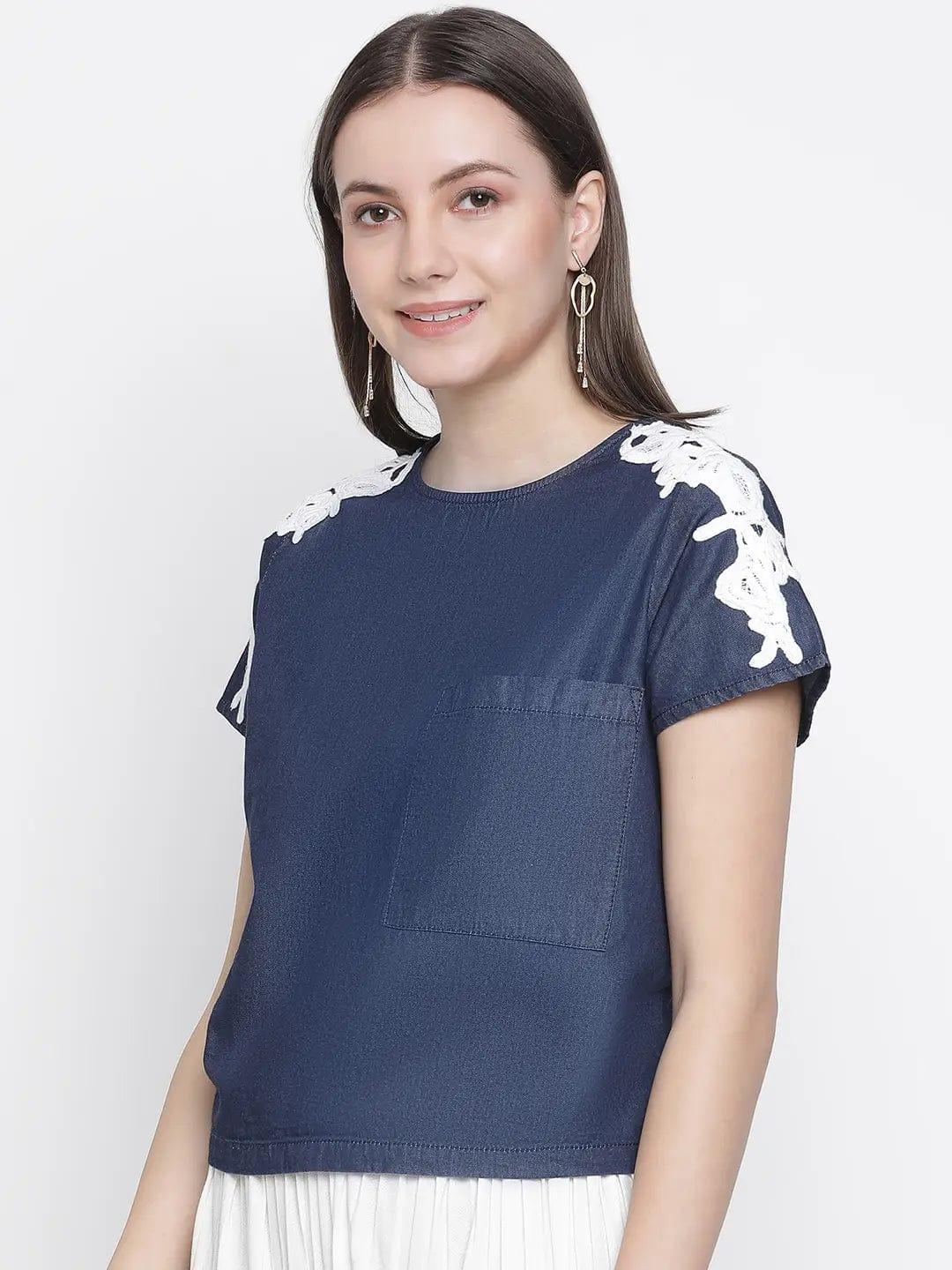 Navy Denim Crop Patch Lace Top - oxolloxo