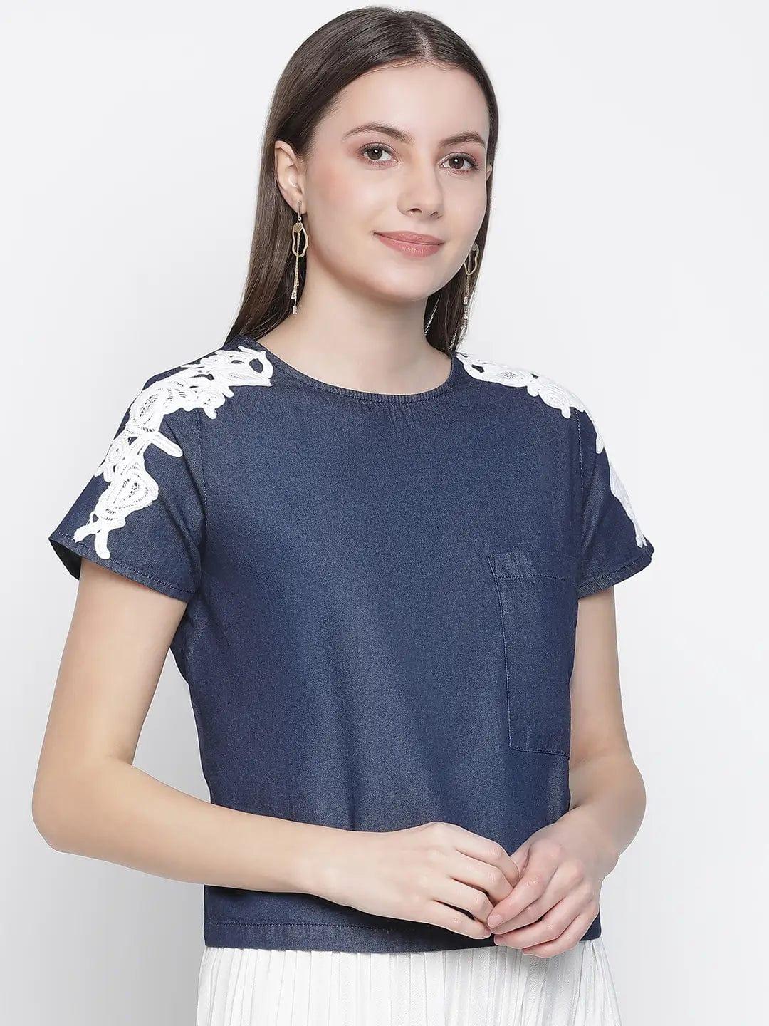 Navy Denim Crop Patch Lace Top - oxolloxo