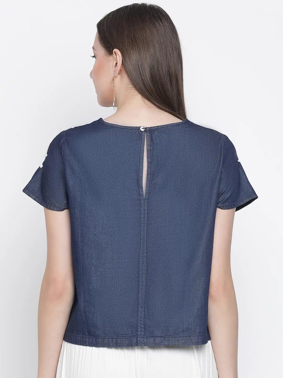Navy Denim Crop Patch Lace Top - oxolloxo