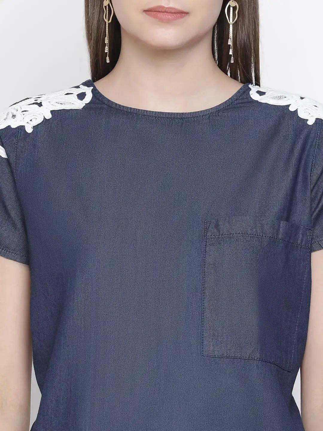 Navy Denim Crop Patch Lace Top - oxolloxo