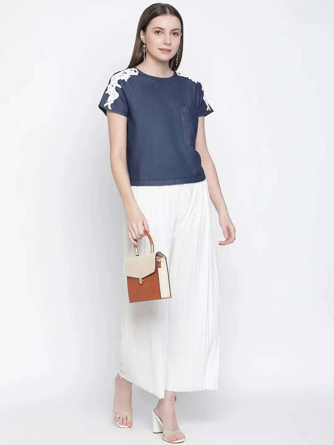 Navy Denim Crop Patch Lace Top - oxolloxo