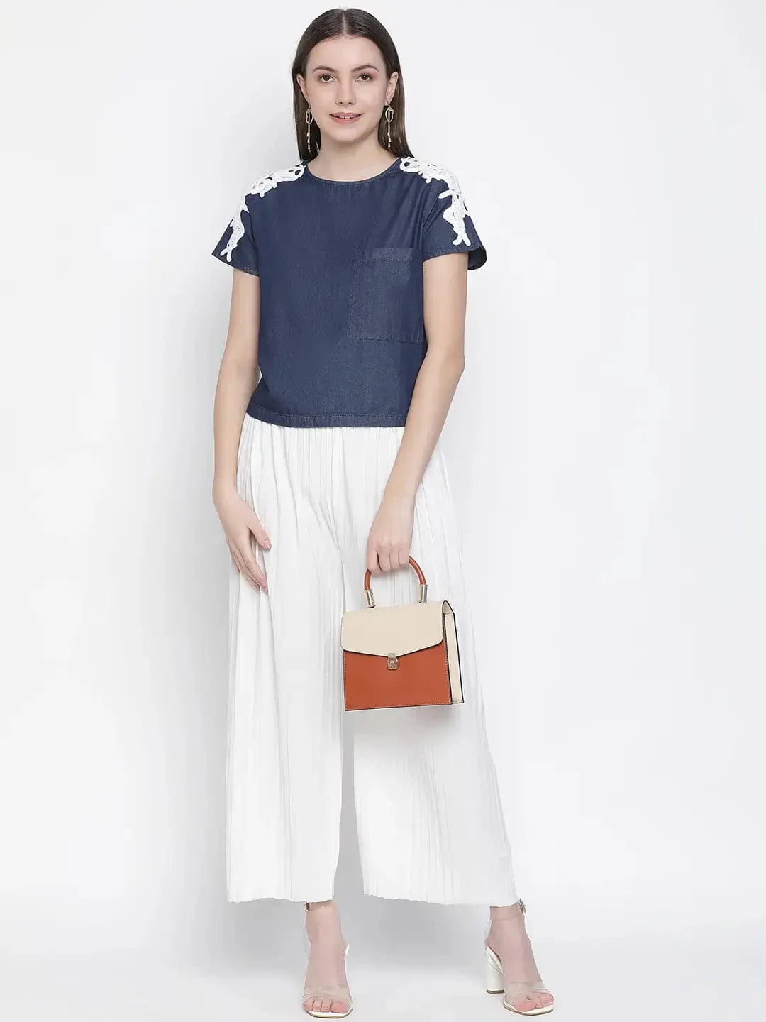 Navy Denim Crop Patch Lace Top - oxolloxo