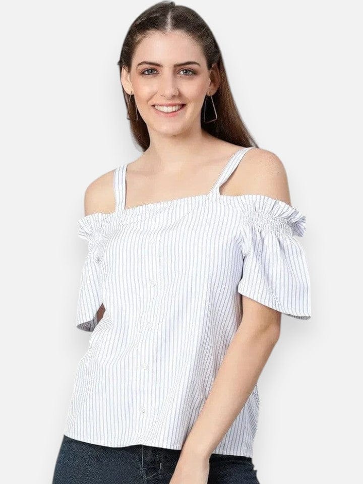 Women's Blue Stripes Print Cotton Top