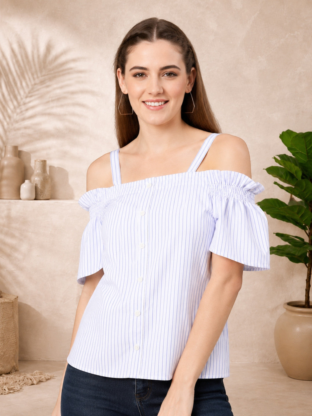 Women's Blue Stripes Print Cotton Top
