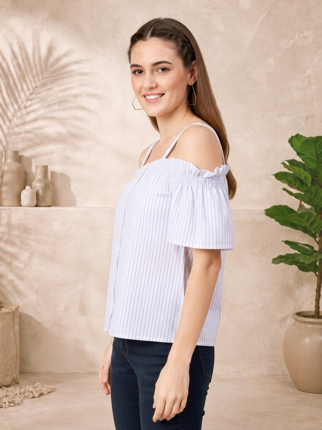 Striped off-shoulder top for women, casual summer blouse with ruffled neckline and short sleeves