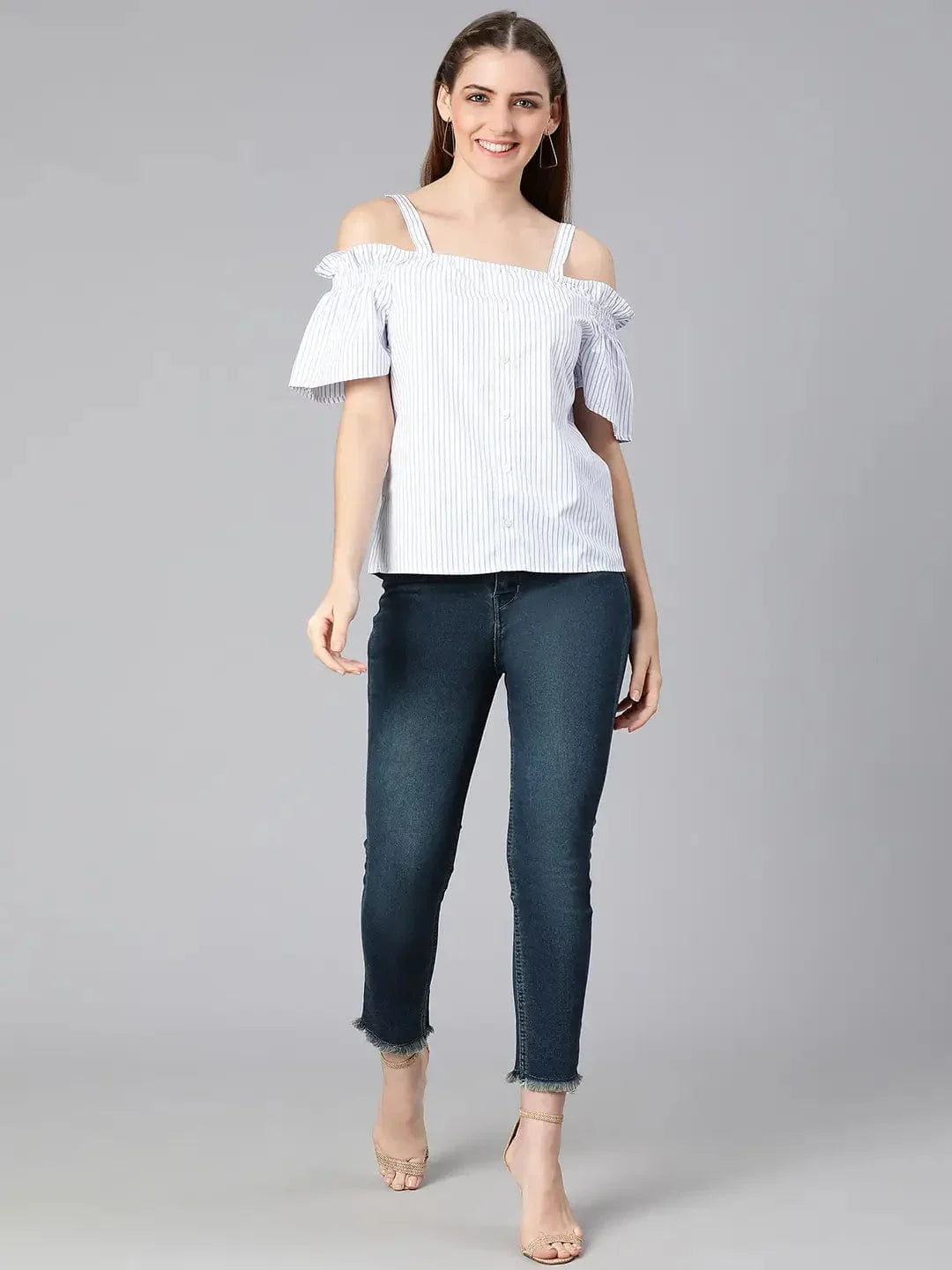Women's Blue Stripes Print Cotton Top