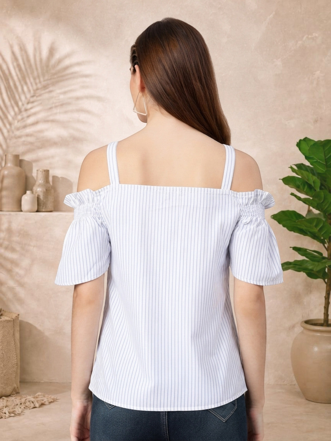 Striped off-shoulder top with puff sleeves for women, back view