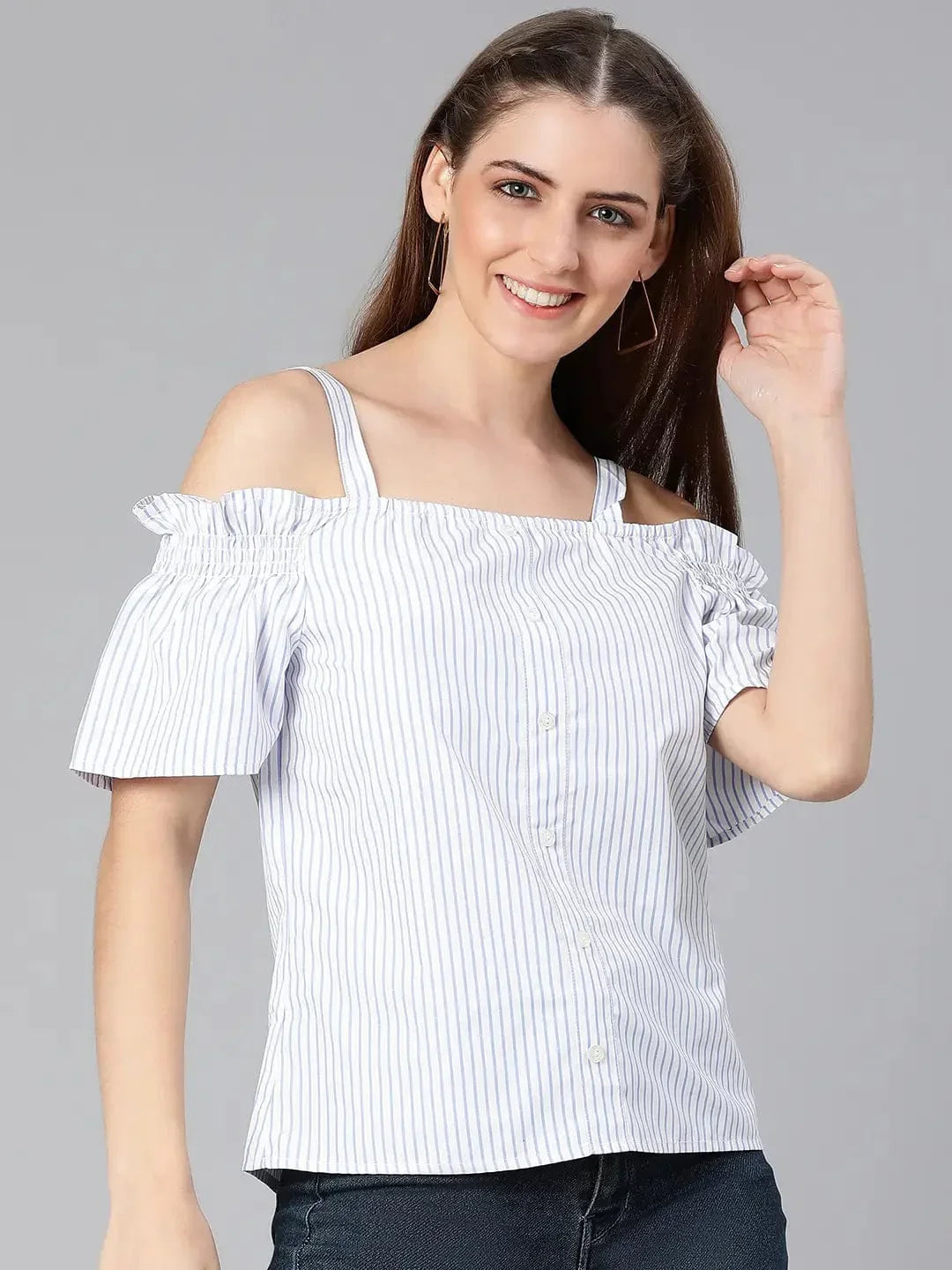 Women's Blue Stripes Print Cotton Top