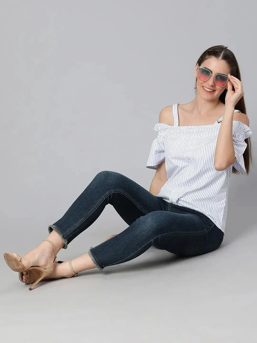 Women's Blue Stripes Print Cotton Top