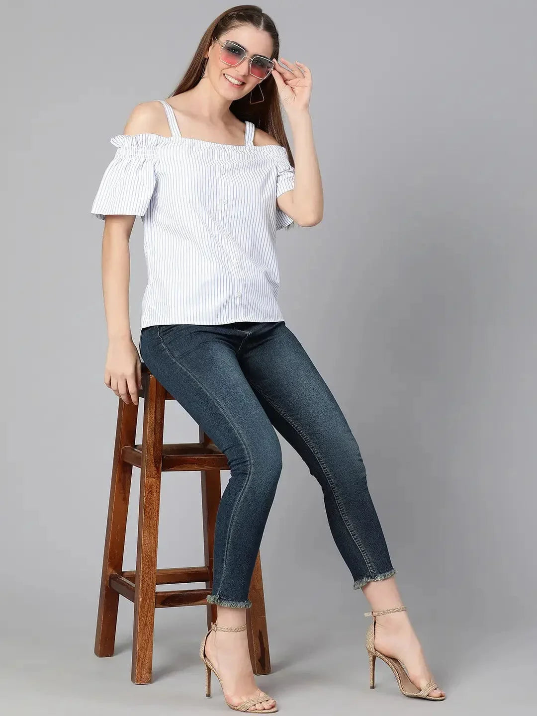 Women's Blue Stripes Print Cotton Top