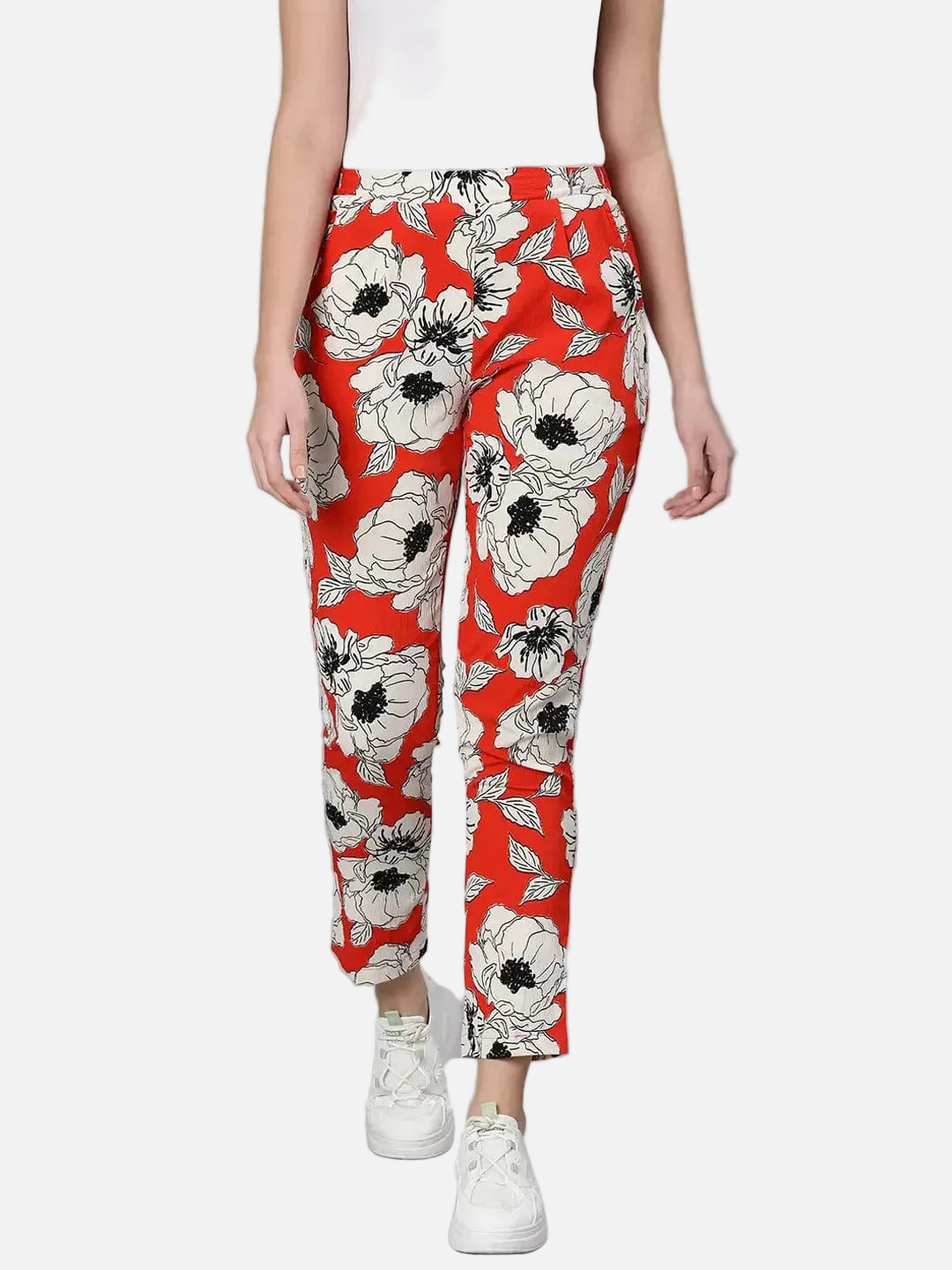 Oscar Red Floral Print Elasticated Women Pant - oxolloxo
