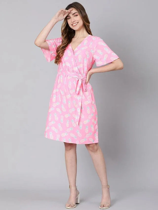 Barbie Pink Floral Print Tie-Knotted Women Dress - oxolloxo