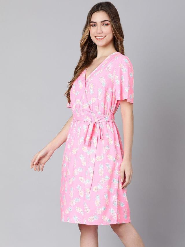 Barbie Pink Floral Print Tie-Knotted Women Dress - oxolloxo