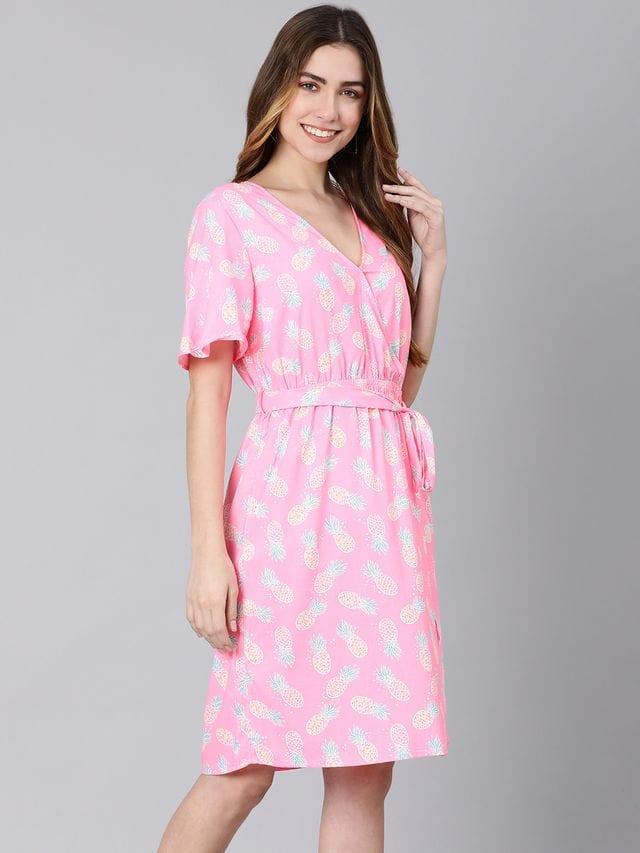 Barbie Pink Floral Print Tie-Knotted Women Dress - oxolloxo