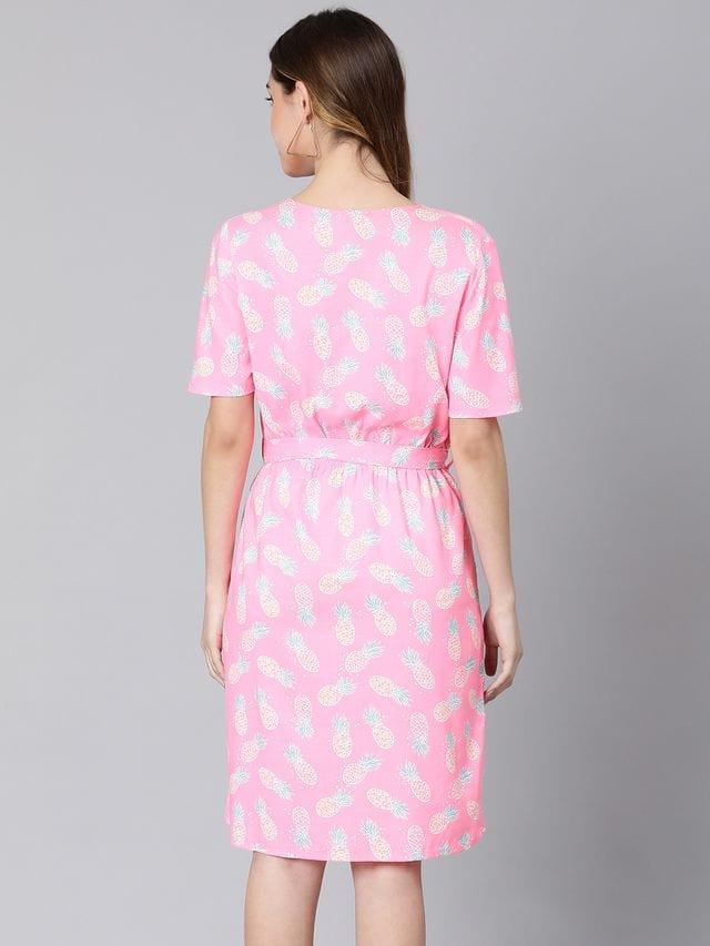 Barbie Pink Floral Print Tie-Knotted Women Dress - oxolloxo