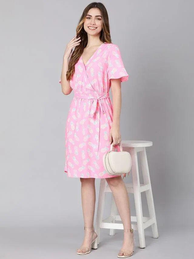 Barbie Pink Floral Print Tie-Knotted Women Dress - oxolloxo