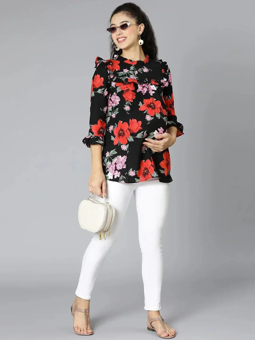 Queen Black Floral Print Maternity Women Top For Expecting - oxolloxo