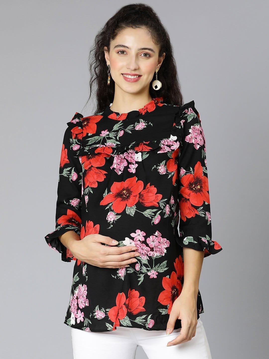 Queen Black Floral Print Maternity Women Top For Expecting - oxolloxo
