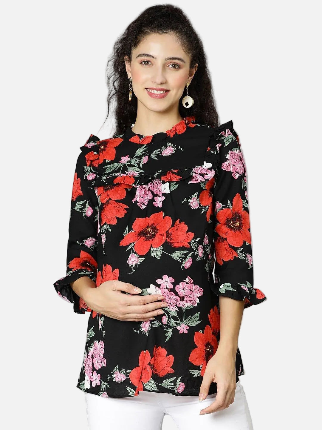 Queen Black Floral Print Maternity Women Top For Expecting - oxolloxo