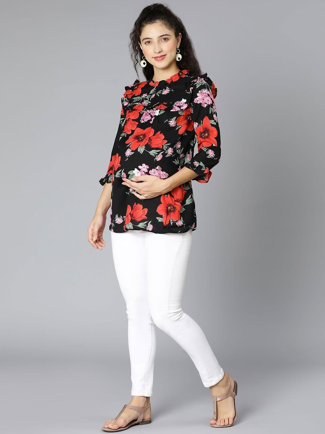Queen Black Floral Print Maternity Women Top For Expecting - oxolloxo