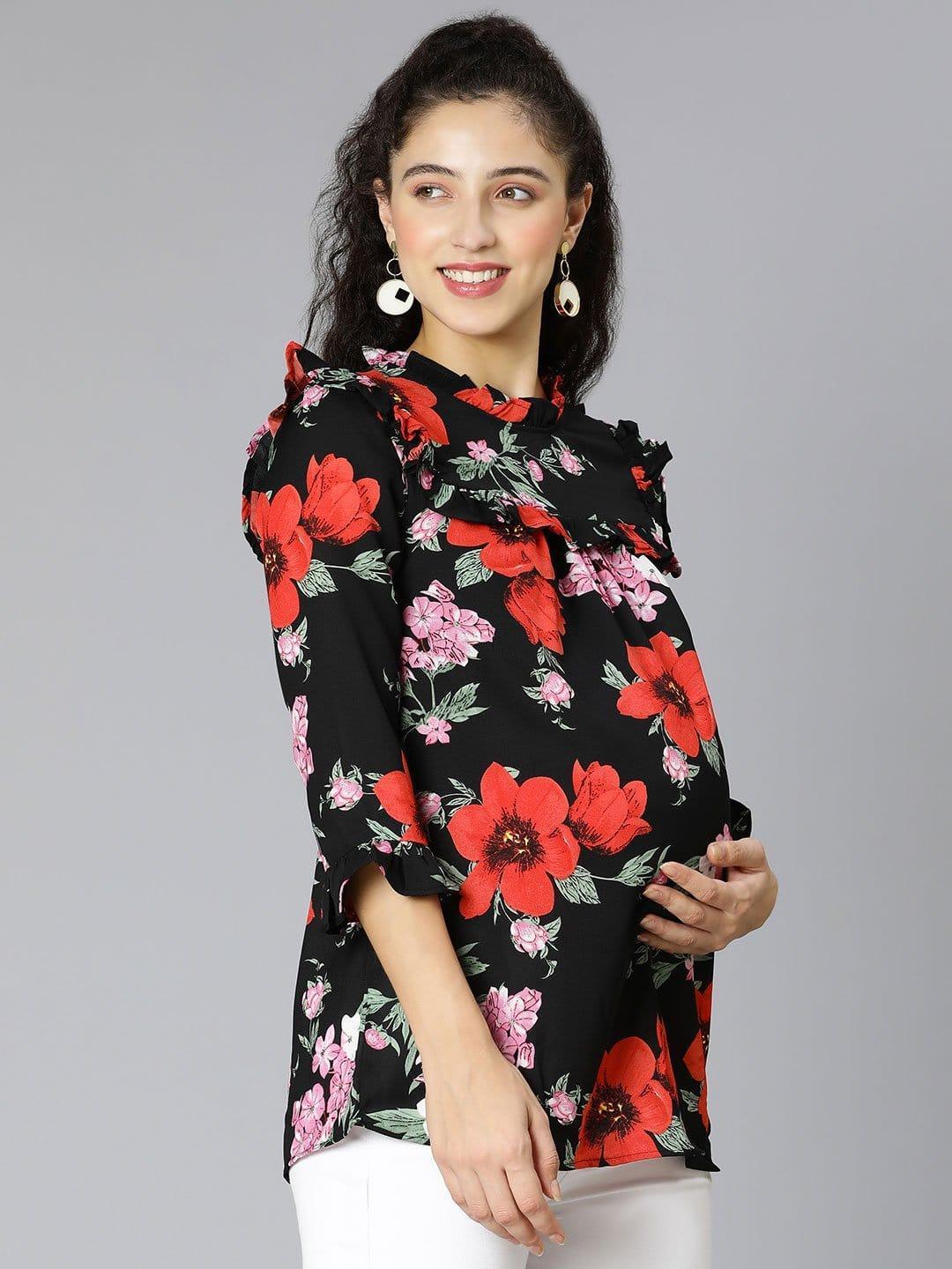 Queen Black Floral Print Maternity Women Top For Expecting - oxolloxo