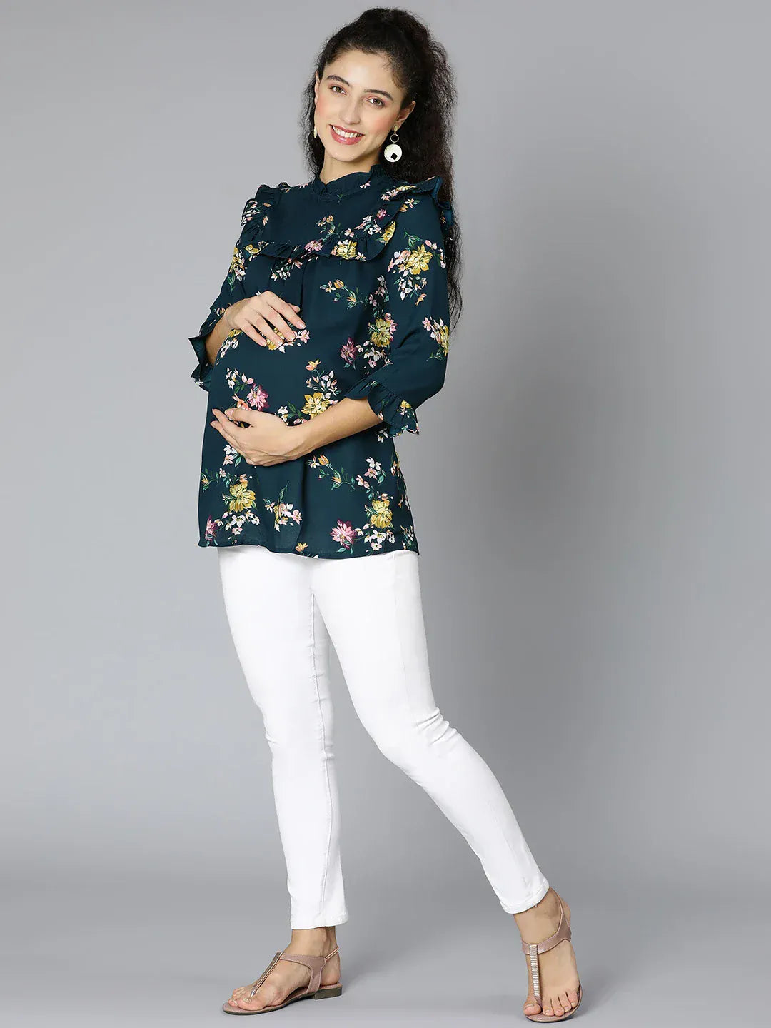 Women Green Floral Print Maternity Top