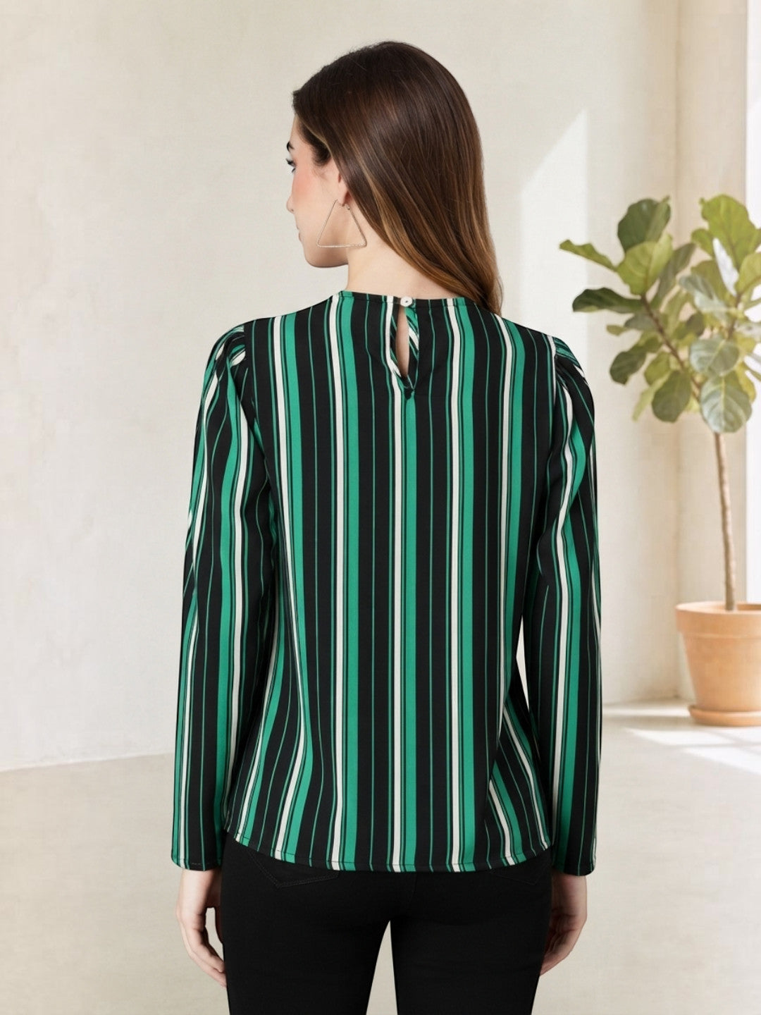 Green and black striped long sleeve blouse with back keyhole detail, plus size women's fashion