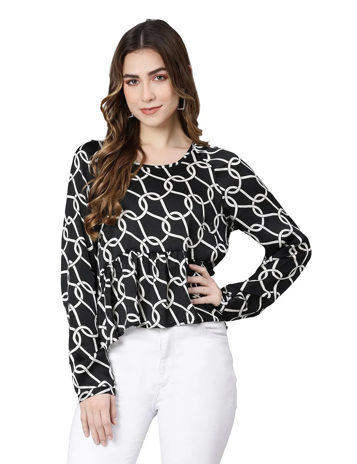 Black Fleek Satin Printed Women Top - oxolloxo