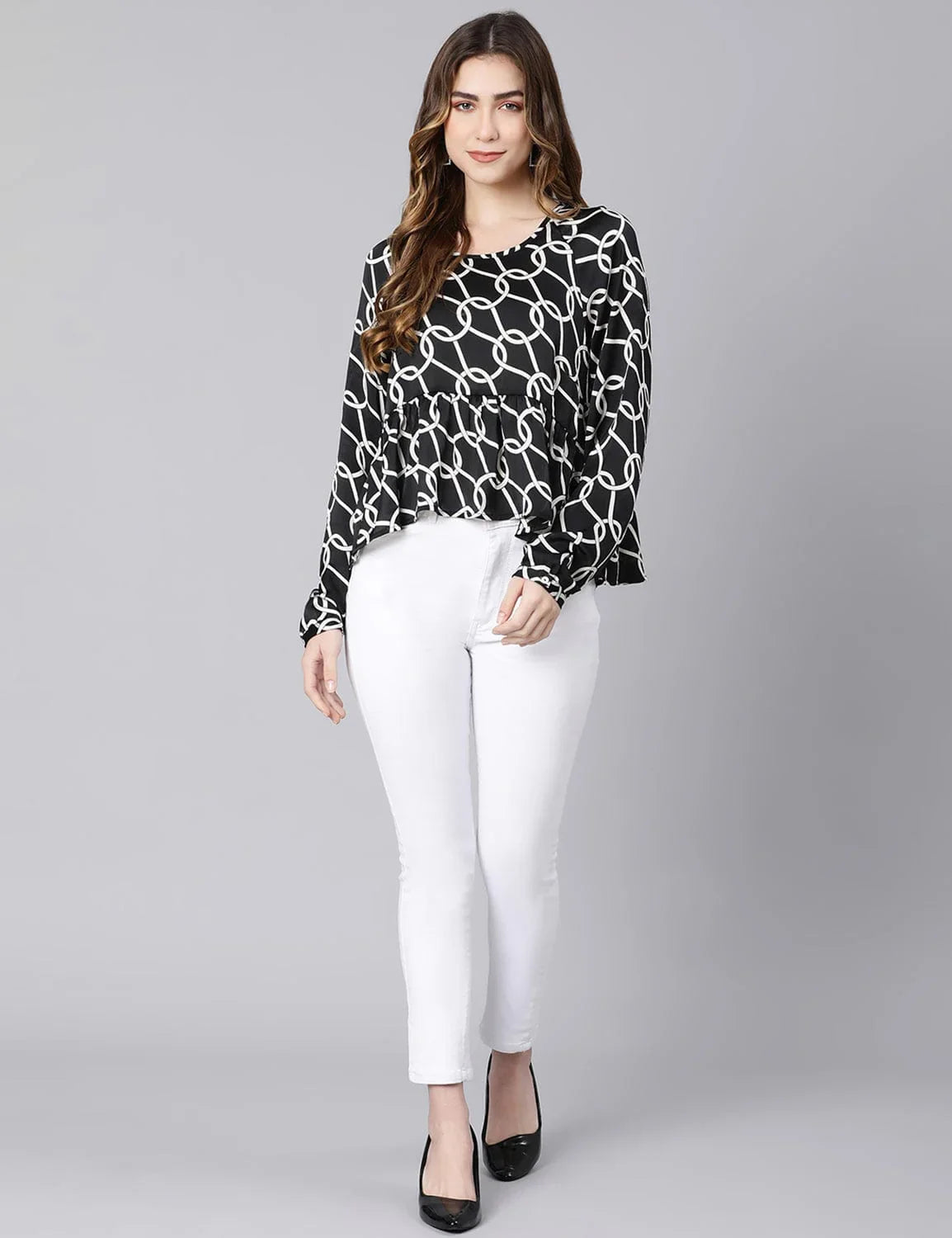 Black Fleek Satin Printed Women Top - oxolloxo