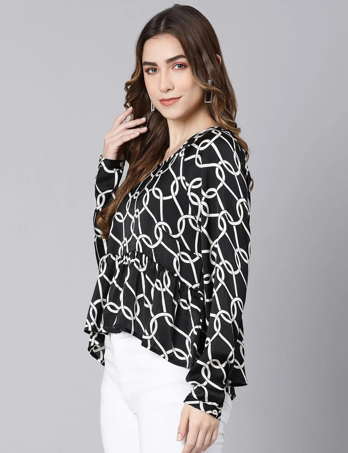 Black Fleek Satin Printed Women Top - oxolloxo