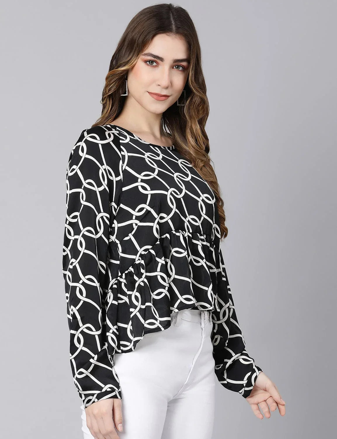 Black Fleek Satin Printed Women Top - oxolloxo