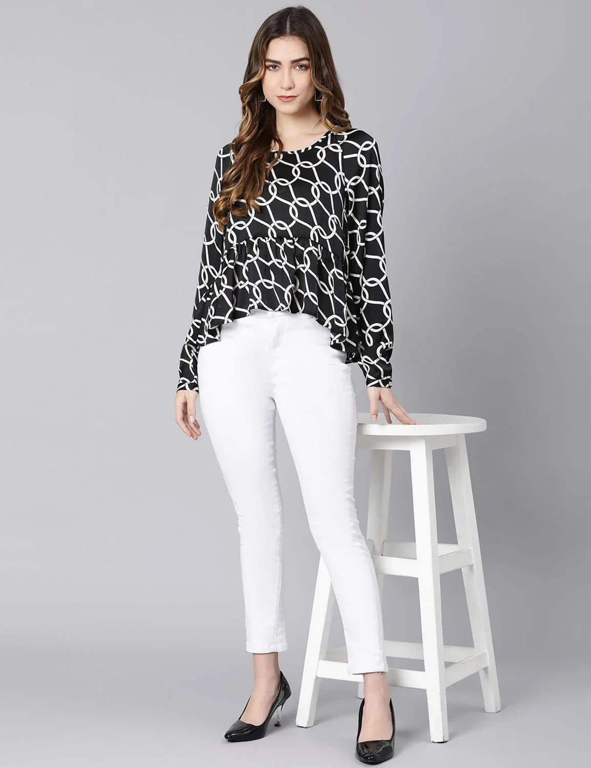 Black Fleek Satin Printed Women Top - oxolloxo