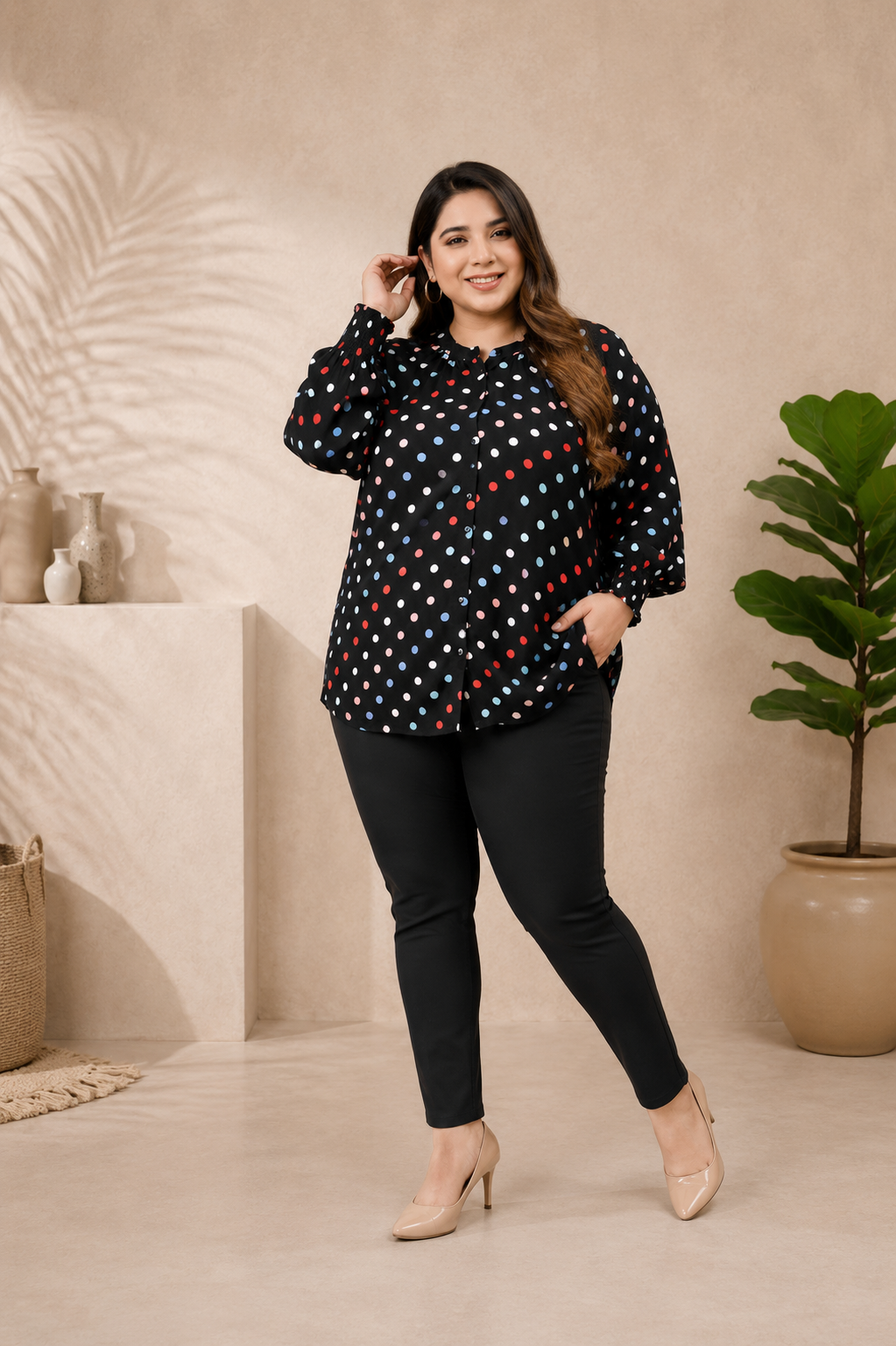 Plus Size Multicolor Polka Dot Viscose Top