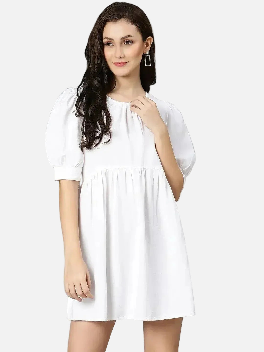 White Pearl Gathered Details Linen Women Dress For Summer - oxolloxo