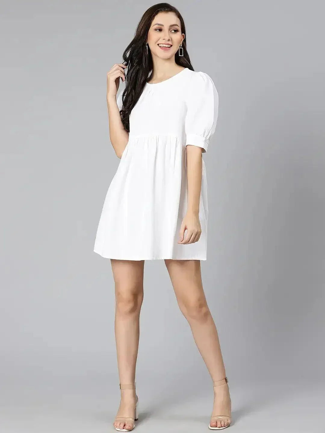 White Pearl Gathered Details Linen Women Dress For Summer - oxolloxo