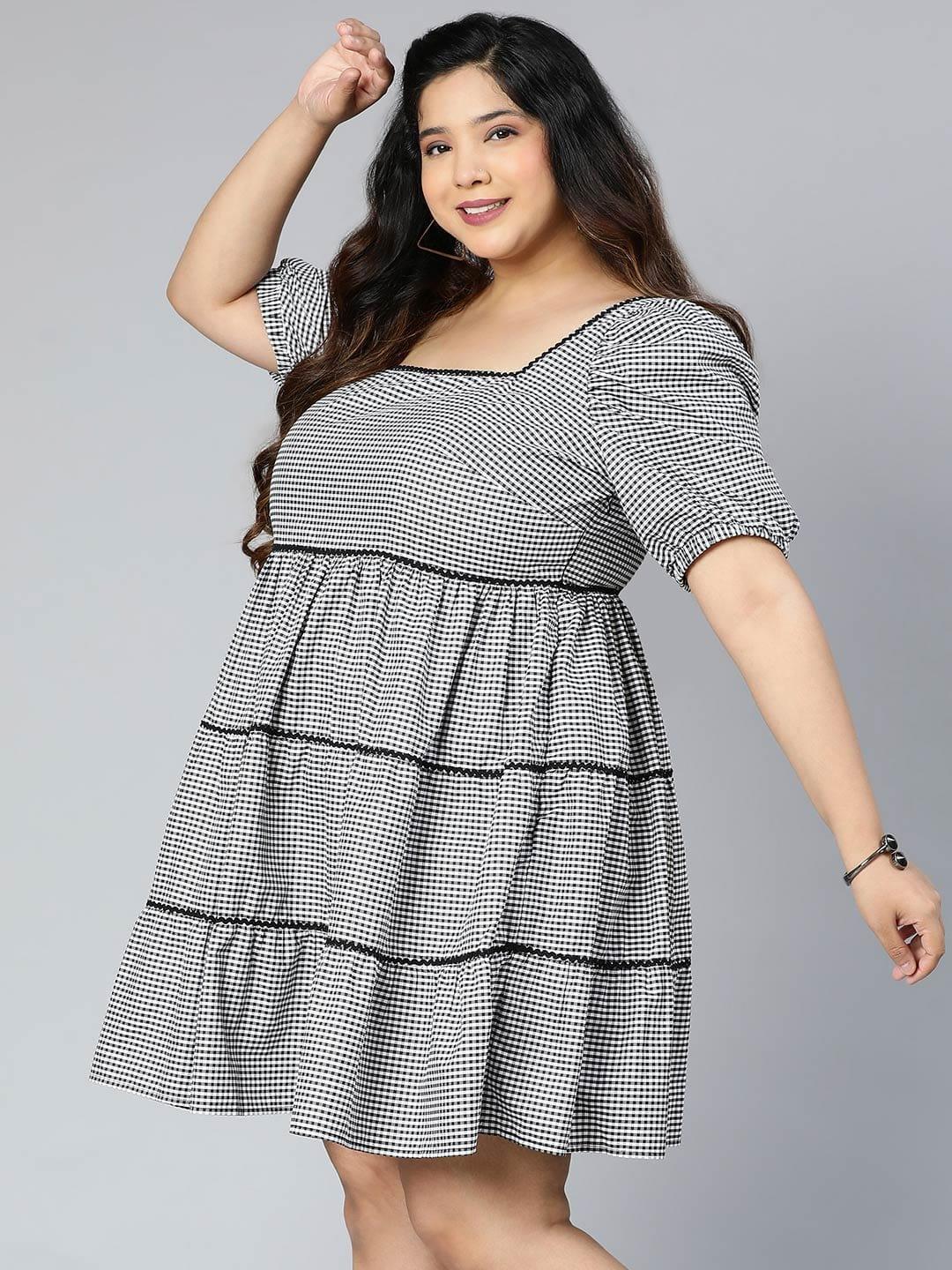 Silver Grey Check Print Plus Size Curvy Dress For You - oxolloxo
