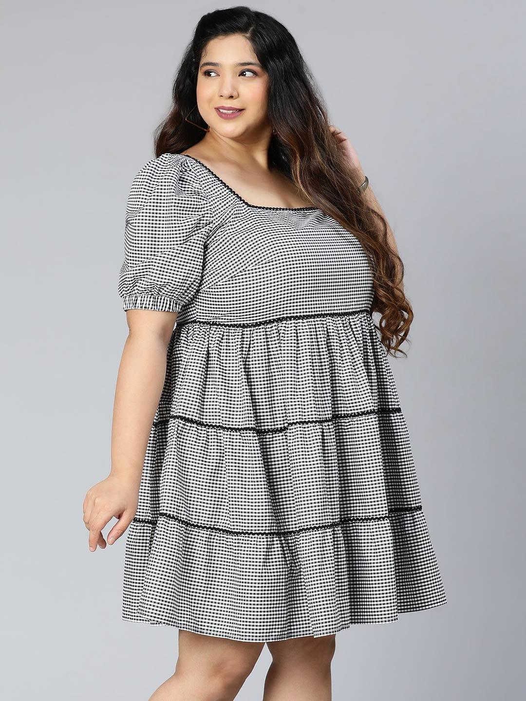 Silver Grey Check Print Plus Size Curvy Dress For You - oxolloxo