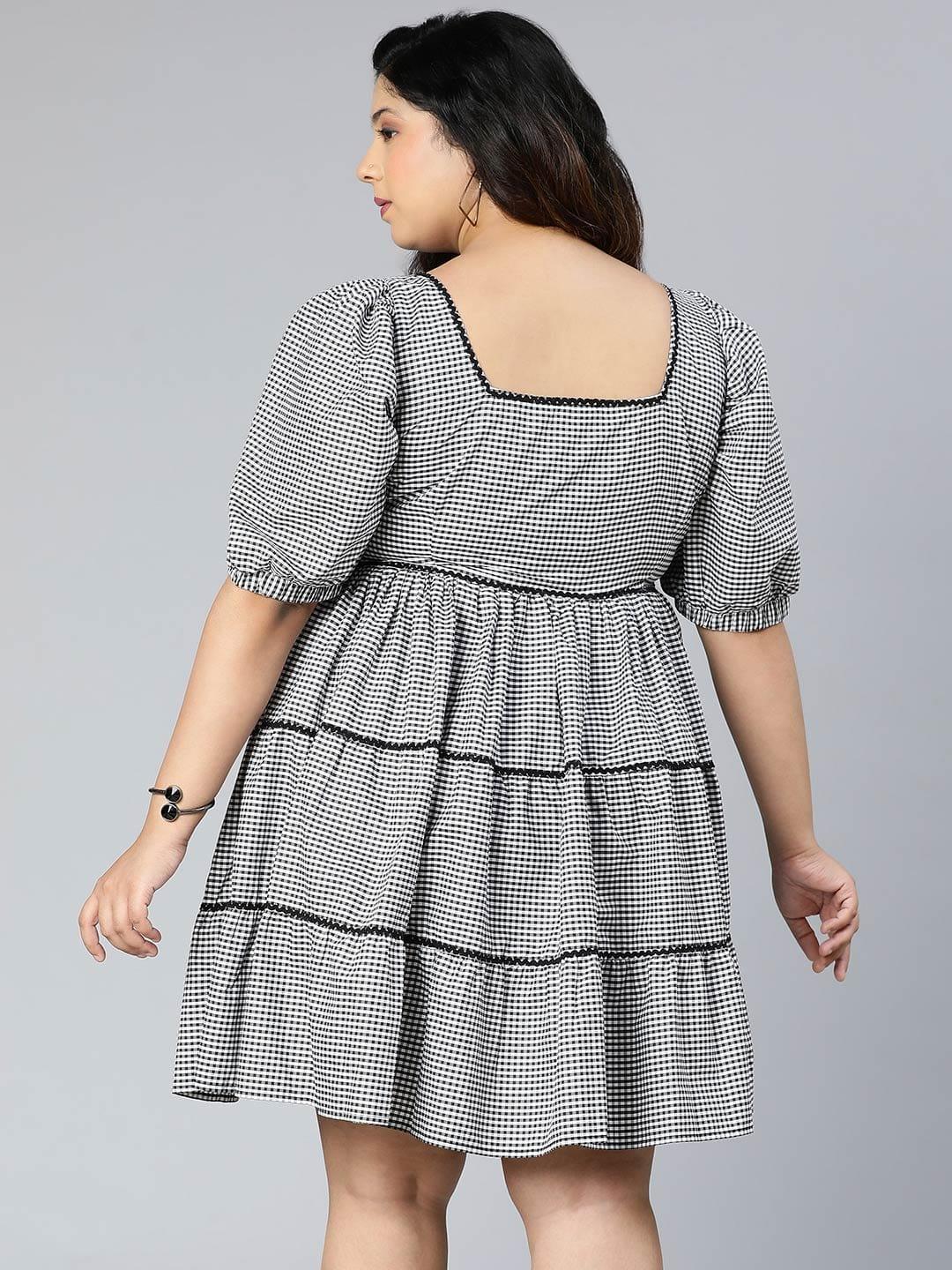 Silver Grey Check Print Plus Size Curvy Dress For You - oxolloxo