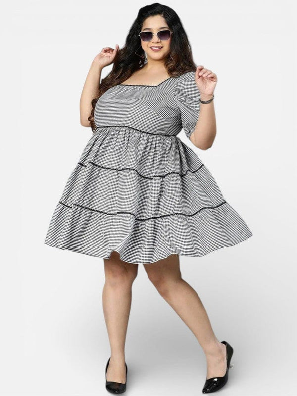 Plus Size Silver Grey Check Printed Cotton Dress