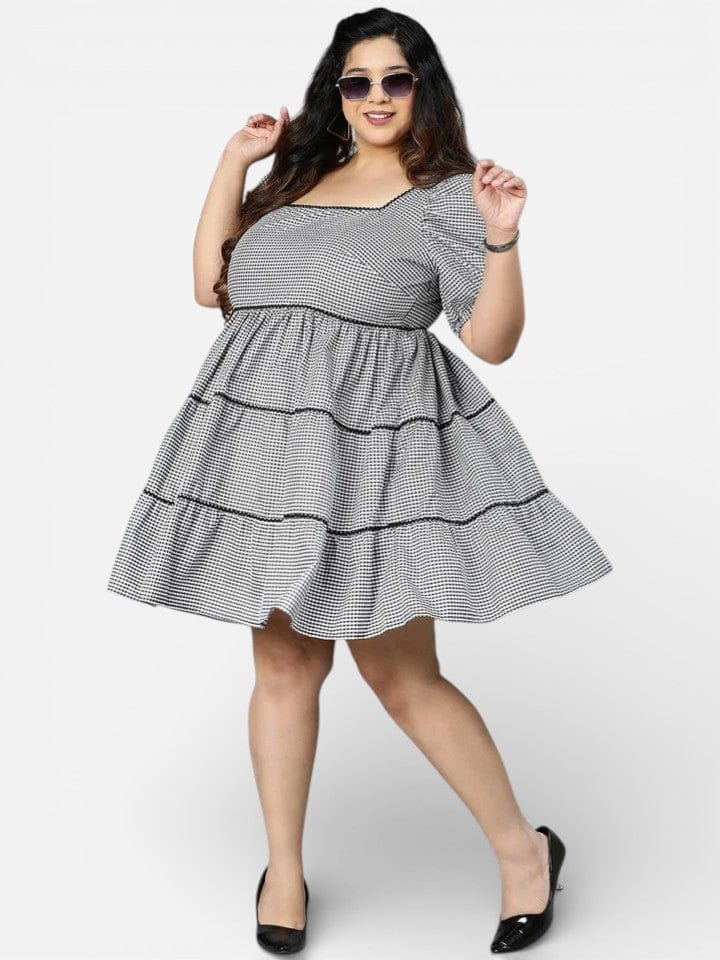 Plus Size Silver Grey Check Printed Cotton Dress