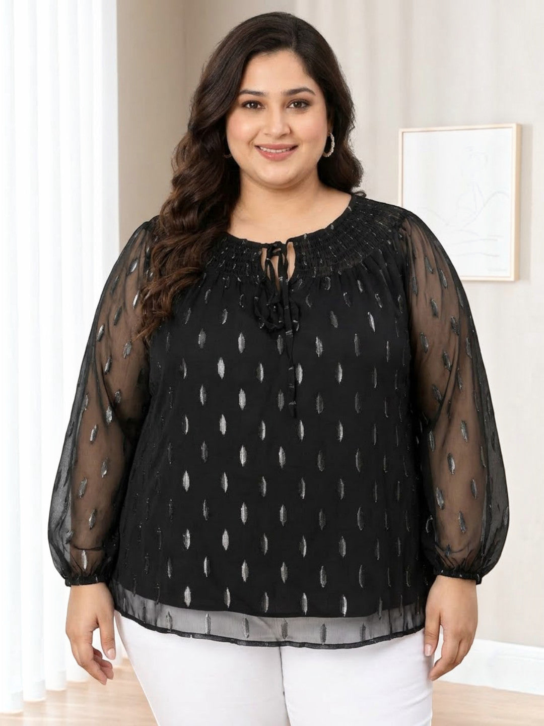Plus Size Black Lurex Print Top