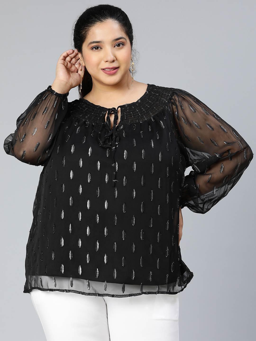 Winky Black Lurex Print Plus Size Party Wear Loopy Top - oxolloxo