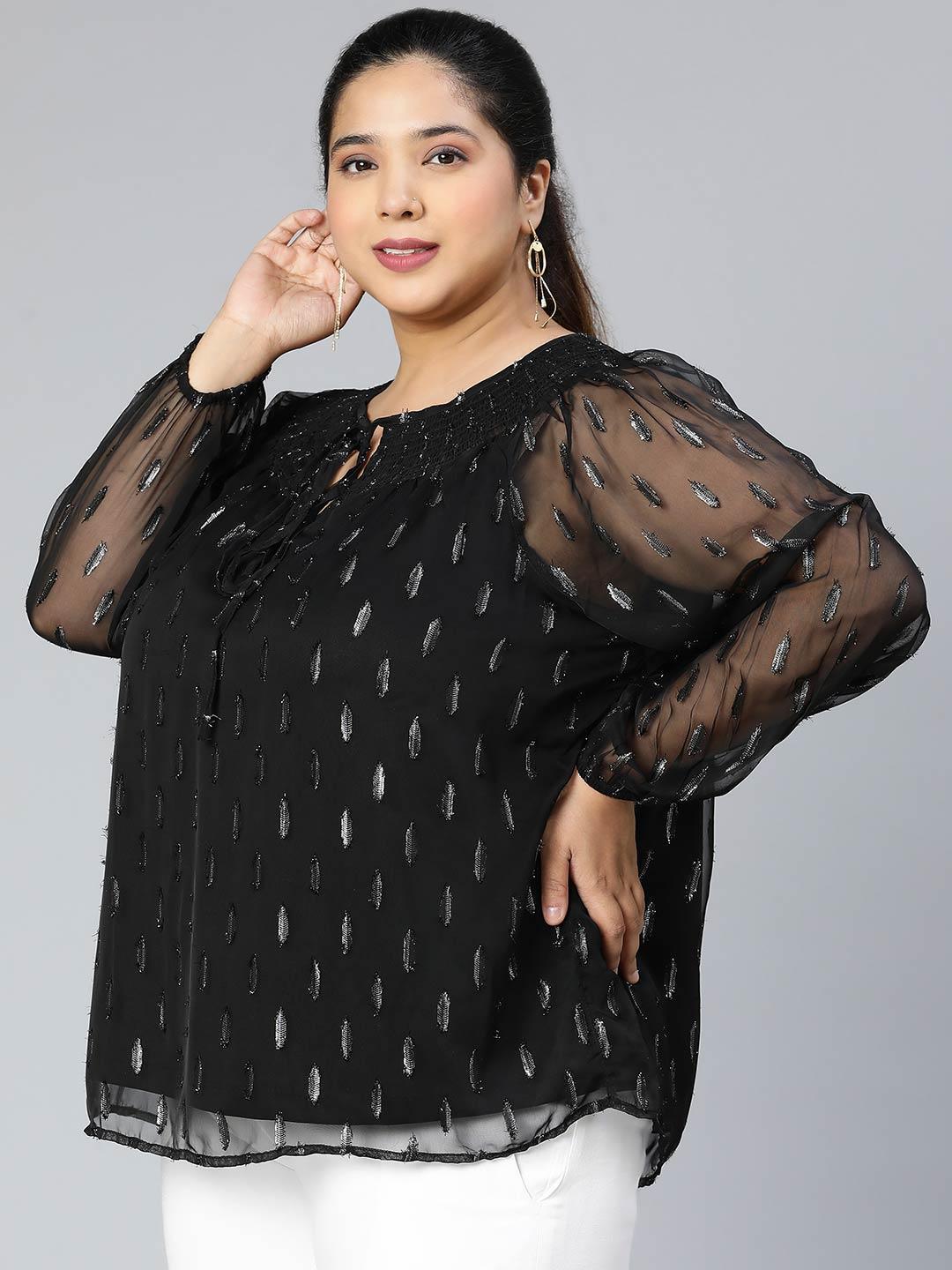 Winky Black Lurex Print Plus Size Party Wear Loopy Top - oxolloxo